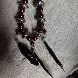 Long brown 🟤 black 🖤 beaded feather 🪶 leather cord necklace earrings set